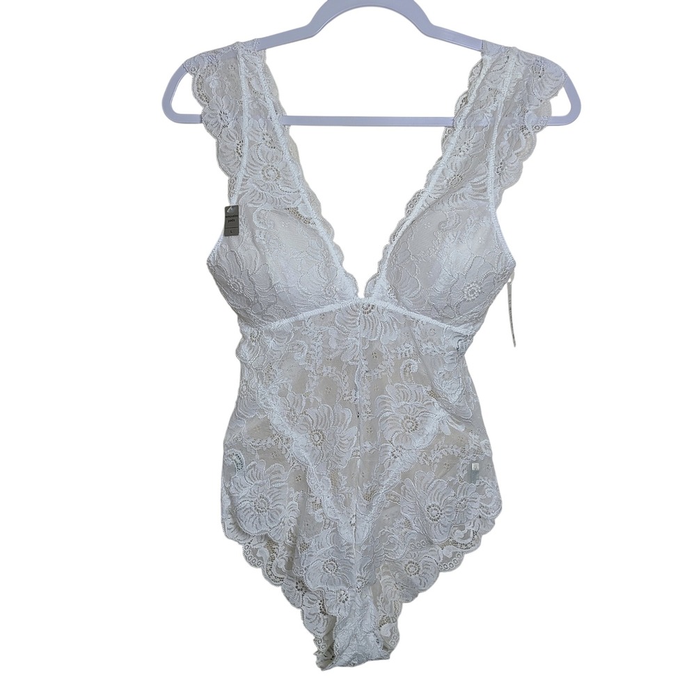 Sophie B. White Lace Teddy Bodysuit L Sheer Lingerie NWT Floral Bridal Wedding‎